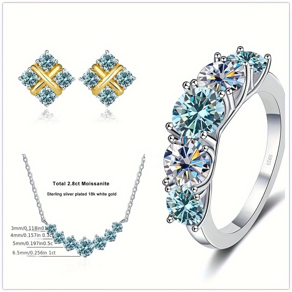 Luxurious 4-Piece Jewelry Set featuring a 7.2ct Total Moissanite Necklace Pendant, Earrings, and Ring - made with 925 Sterling Silver. Perfect Holiday-Themed Gift Set for Weddings, Christmas, Anniversaries. Comes in a beautiful Gift Box.