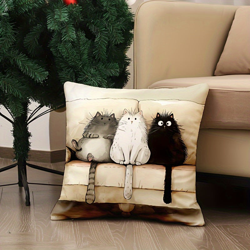 Cartoon cat print linen throw pillow cover, 44.96cm x 44.96cm - machine washable, zipper closure, woven polyester decorative case for sofa, living room, bedroom - single piece.