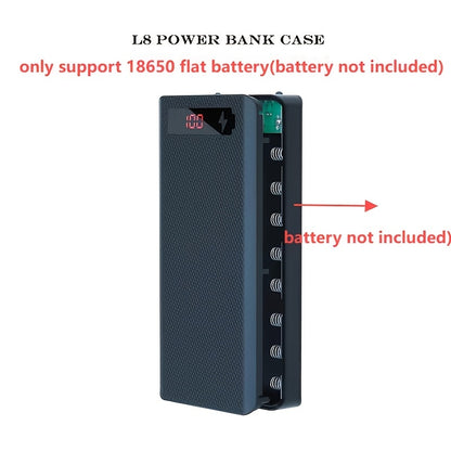 DIY power bank case for 8x18650 batteries, with dual USB Type C charging, made of ABS material. Uncharged storage box (batteries not included).