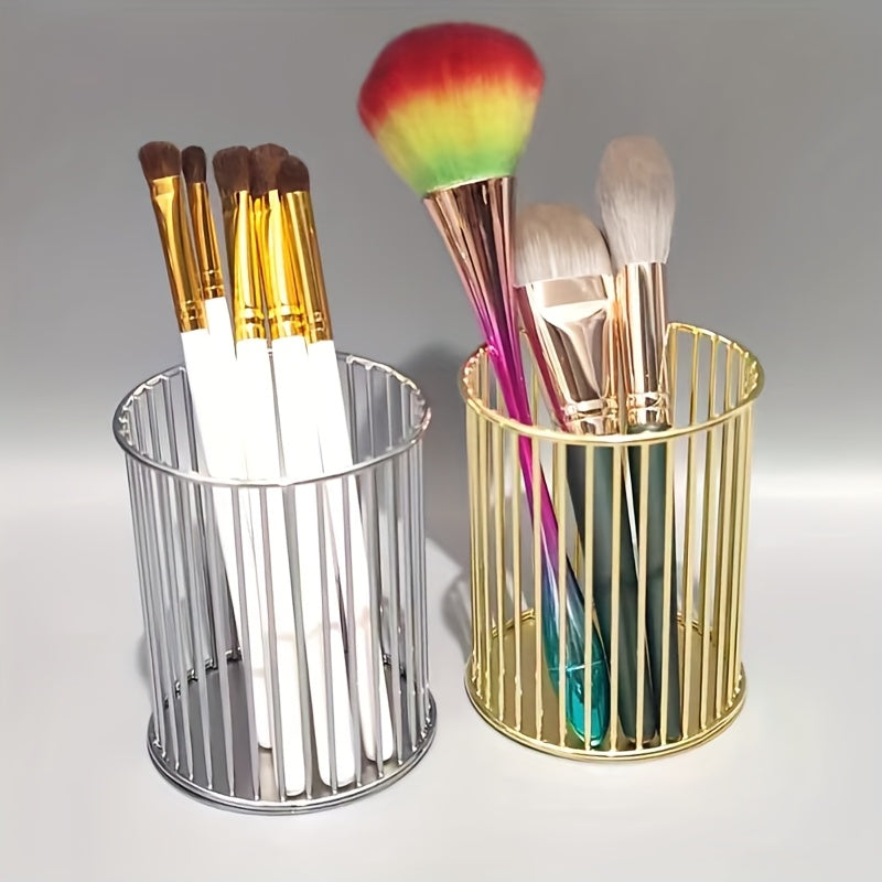 Stylish metal makeup brush holder doubles as a pen and pencil cup.