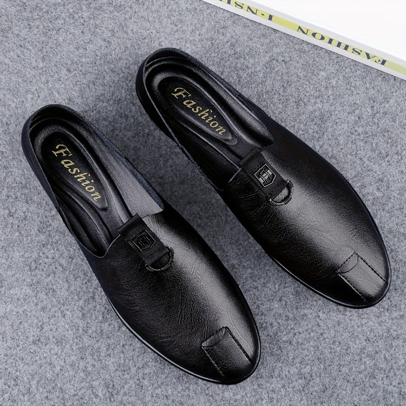 Sleek black slip-on shoes for men, breathable and fashionable with a durable sole.