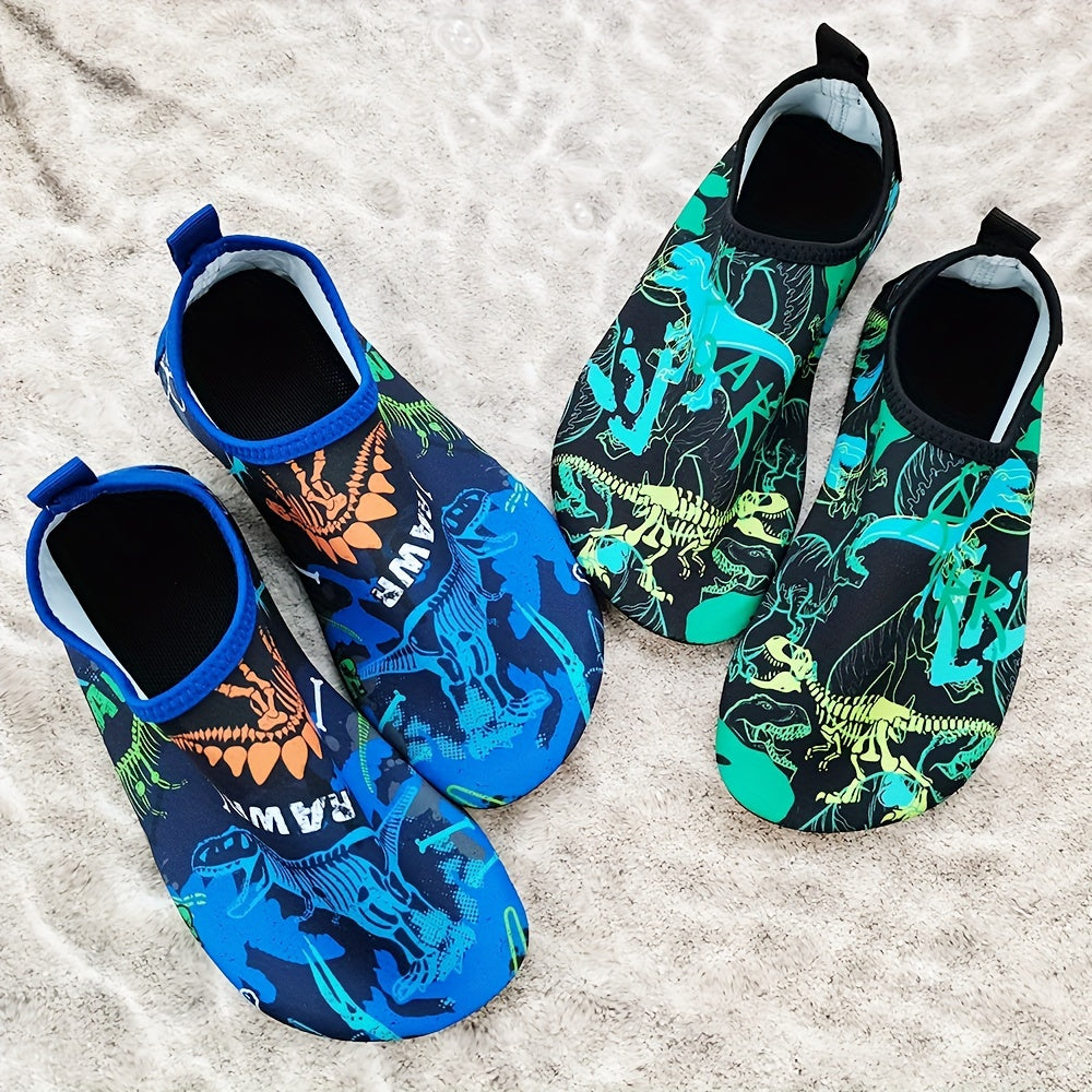 Toddler Boys Dinosaur Beach Shoes, Lightweight Water Shoes for Swimming and Surfing, in Black and Blue for Little Kids and Big Kids.