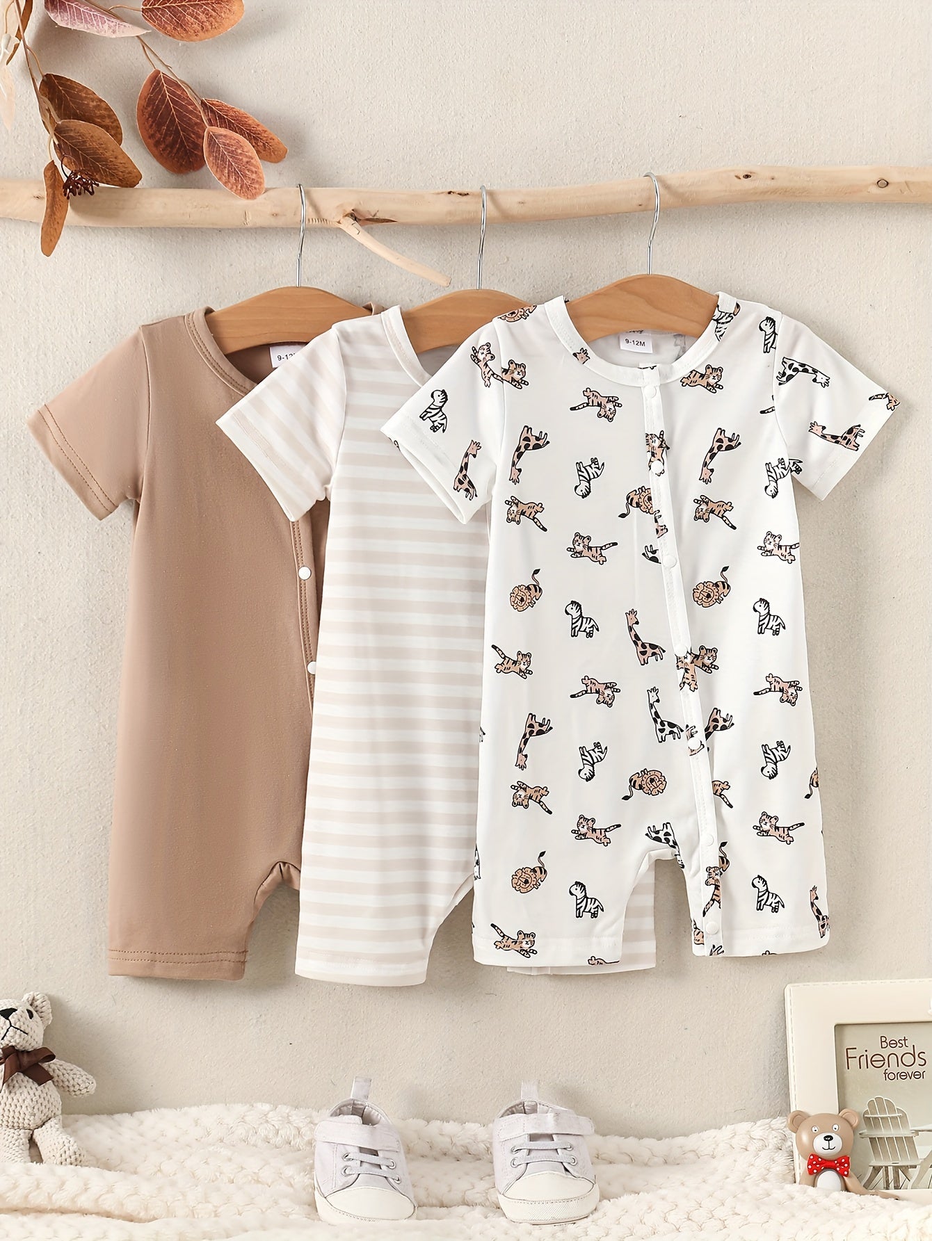 Boys' casual summer jumpsuit set with cute animal prints, stripes, and solid colors.