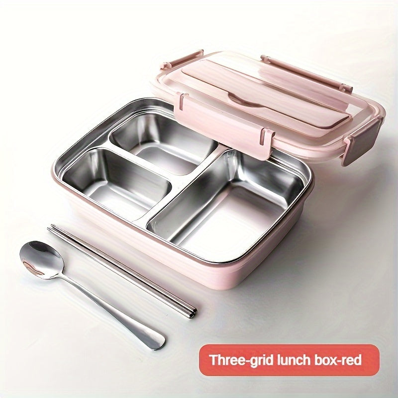 Leak-proof stainless steel lunch box with 3 compartments: ideal for students, office workers, and on-the-go meals.