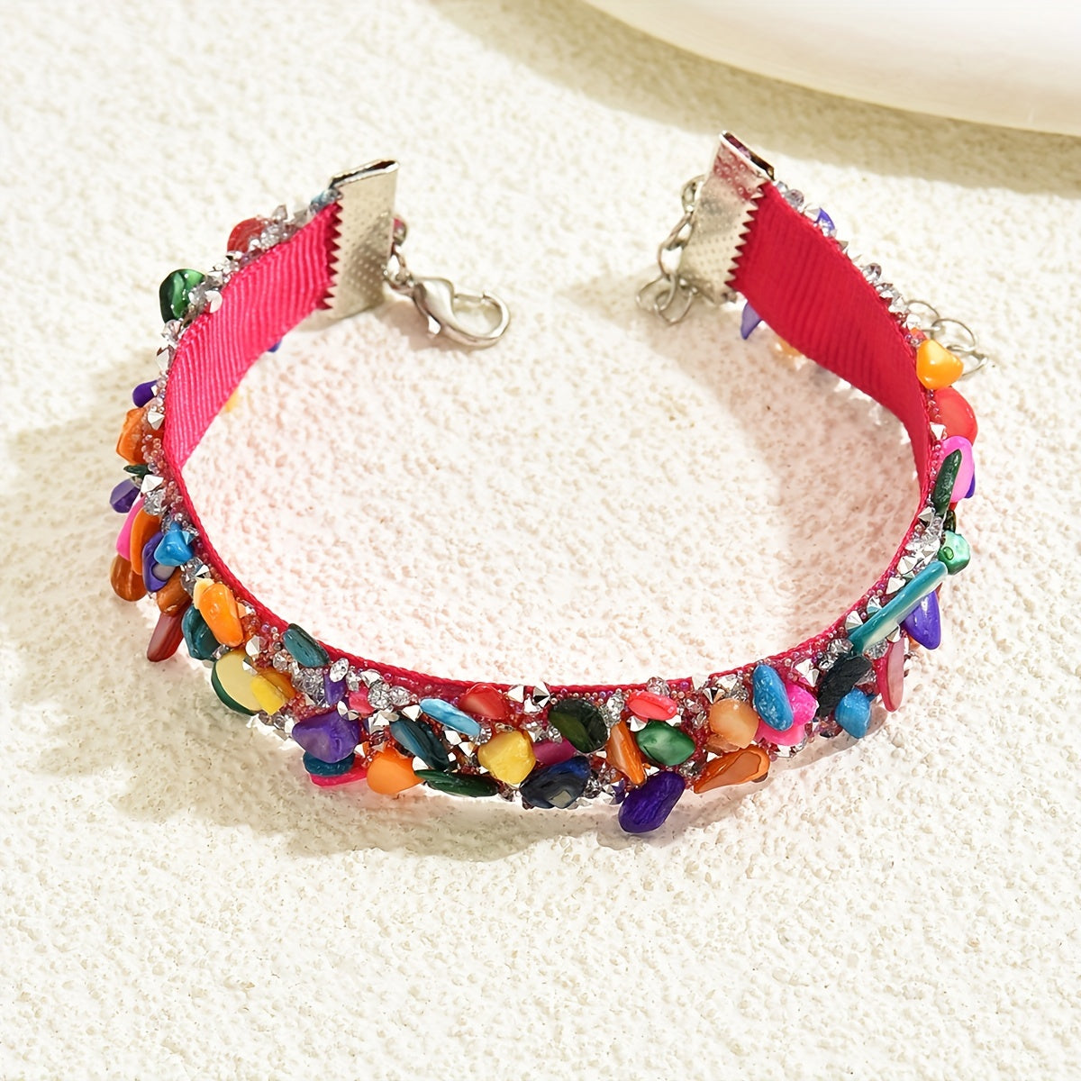 Boho-inspired Wide Bangle Bracelet with Colorful Inlaid Shiny Faux Gems and Rhinestones, Elegant Hand Jewelry Piece