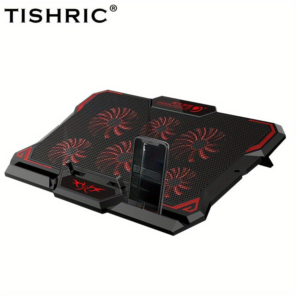 TISHRIC 6-Quiet Fan Laptop Cooling Pad with USB Power, Adjustable Height & Angle, Ergonomic Design for Gaming & Office Use, Black with Red Accents, Adjustable Laptop Stand