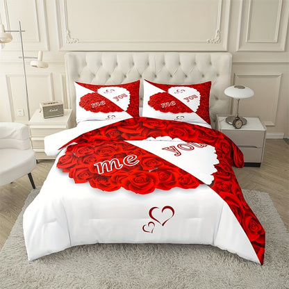 Red Rose Duvet Cover Set with 2 Pillowcases - Soft and Suitable for All Seasons