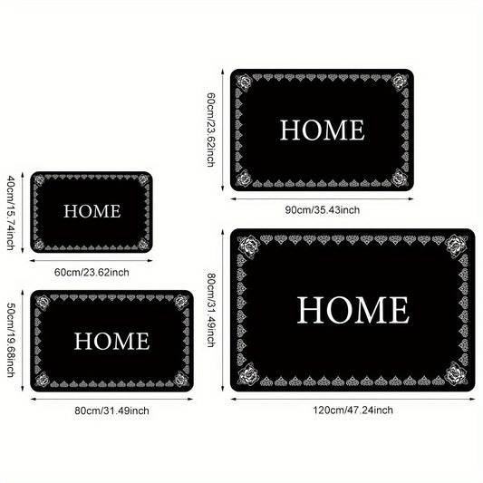 Long-haired flannel floor mat with 1cm sponge bottom, featuring an alphabet printed pattern that says "Welcome Home." Perfect for the kitchen, bathroom, hallway, laundry room, or sink area. This rug is a stylish addition to your home decor and is easy to