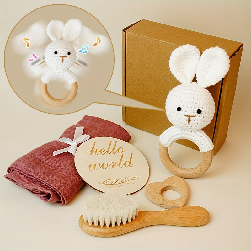 Premium Handcrafted Baby Shower Gift Set - Featuring a Handmade Crochet Dog Rattle, Luxuriously Soft Bamboo & Cotton Towel, Natural Goat Hair Brush, Eco-Friendly Beechwood Heart Toy, and Adorable 'Hello World' Card - Ideal for Children from Infancy to