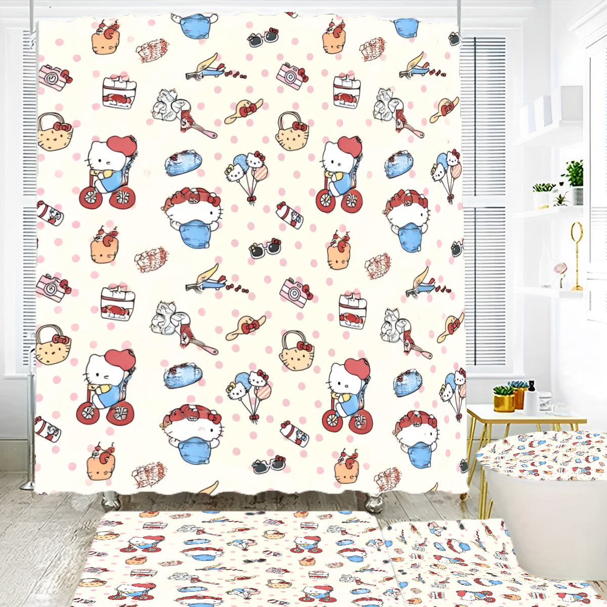 Get the perfect gift for Valentine's Day, Christmas, or New Year with the Hello Kitty 4pcs Bathroom Decor Set! This set includes a waterproof shower curtain with 12 hooks, a non-slip rug, toilet U-pad, and seat cover.