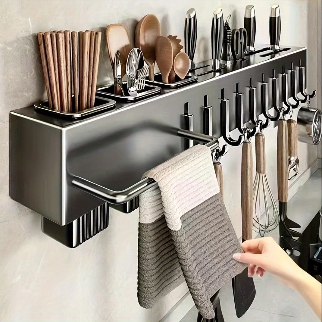 Wall-mounted carbon steel kitchen organizer featuring a no-drill design. This multi-functional rack is perfect for storing knives, forks, spoons, and chopsticks, with added features such as drainage and a towel holder.