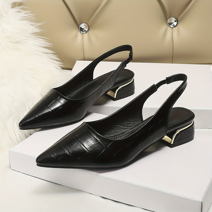 Low heel slingback shoes with pointed toe and elastic strap, suitable for work office.