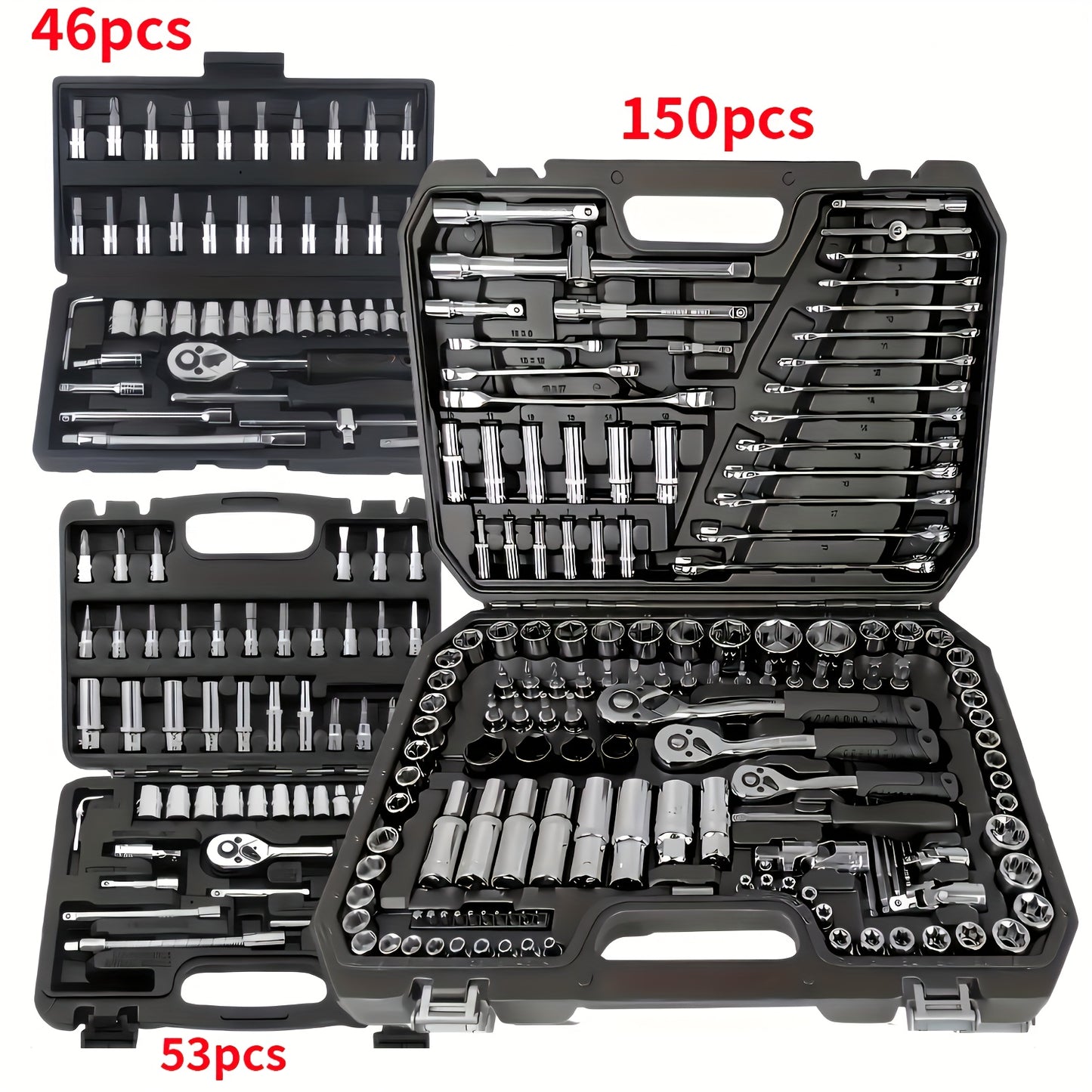 Premium automotive tool set with 3 pieces, upgrades to 46, 53, or 150 pieces. Multi-functional maintenance kit for cars, motorcycles, and industrial equipment. Home repair toolbox without