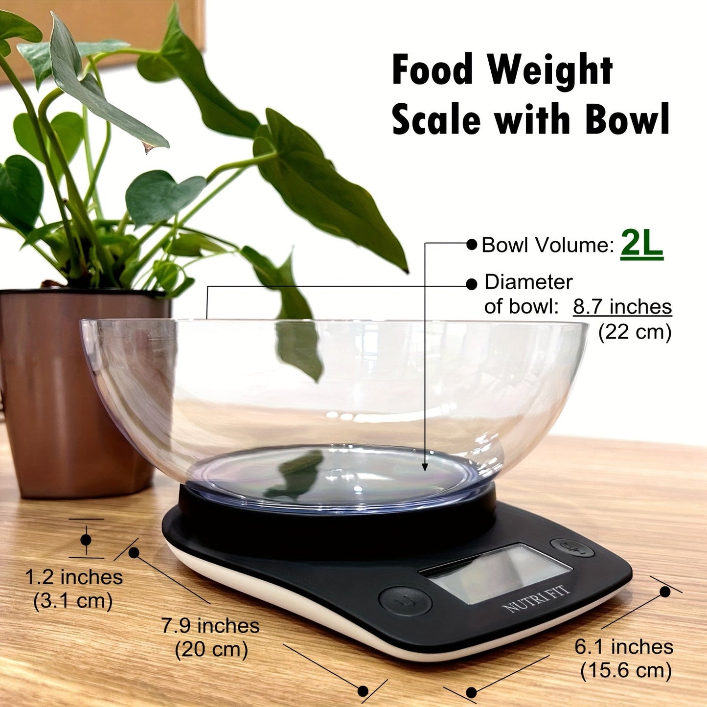 The NUTRI FIT digital kitchen scale offers high precision weighing up to 11lb with 1g accuracy. Ideal for cooking, baking, and weight loss, this scale includes a bowl tare feature and clear LCD display for easy use. It is powered by AAA batteries (not