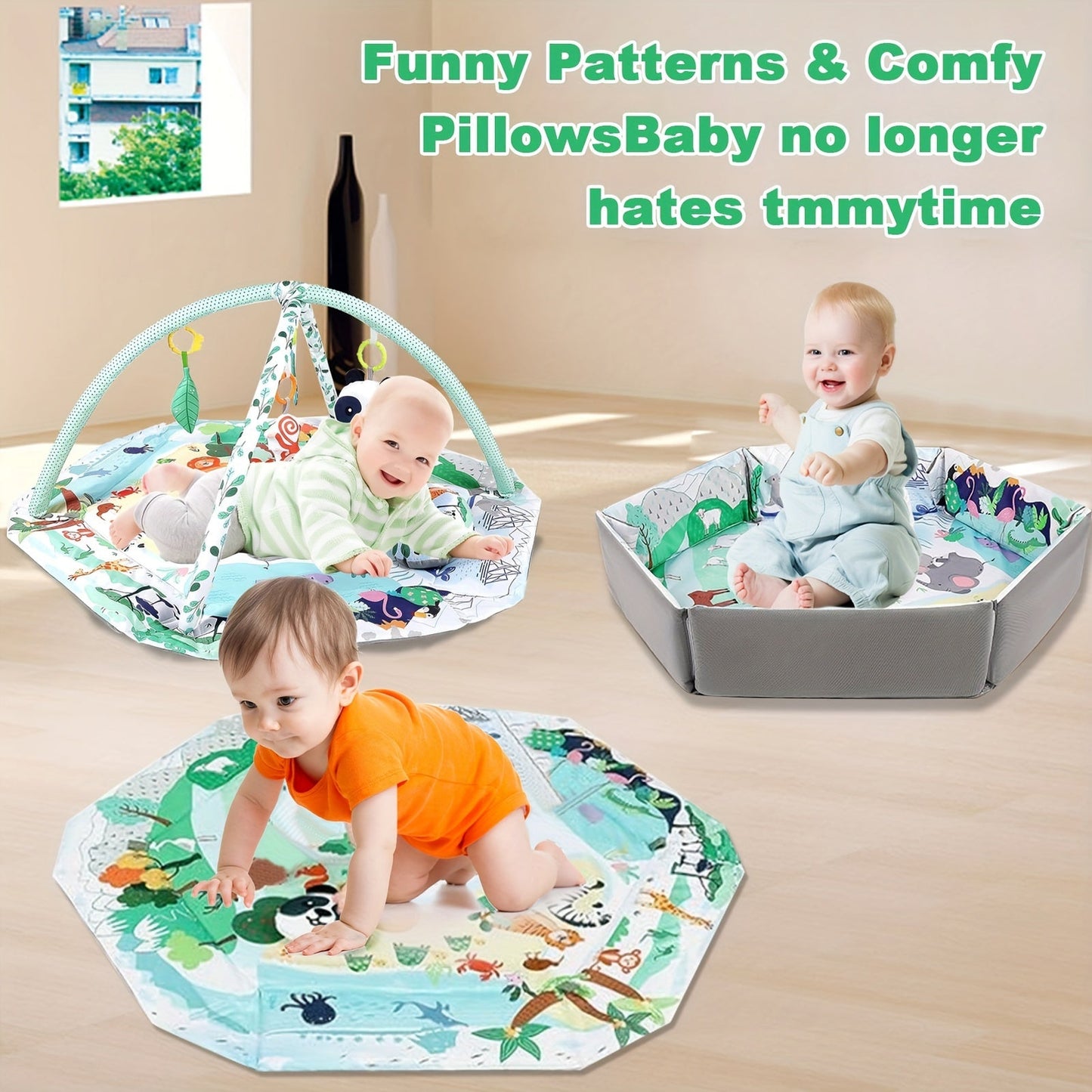 Baby Play Mat Set includes an Activity Gym, Playard Bedding, Sensory Toys, and Ball Pit. Made of Green Polyester, assembly is required. Comes with 18 Ocean Balls for added fun. Helps with early motor skills development for children ages 0-3 years.