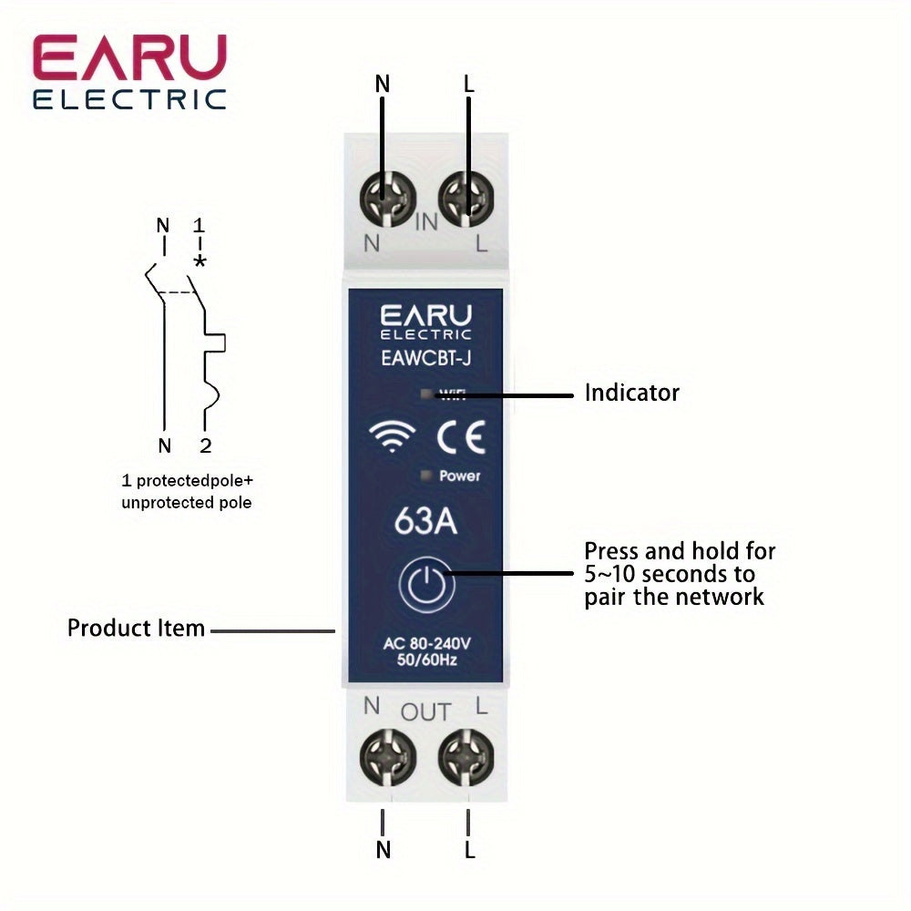 Smart WiFi Circuit Breaker with Voice Control - 63A, Energy Metering, Overload Protection, App Control, Alexa & Google Assistant Compatible - EARUELETRIC