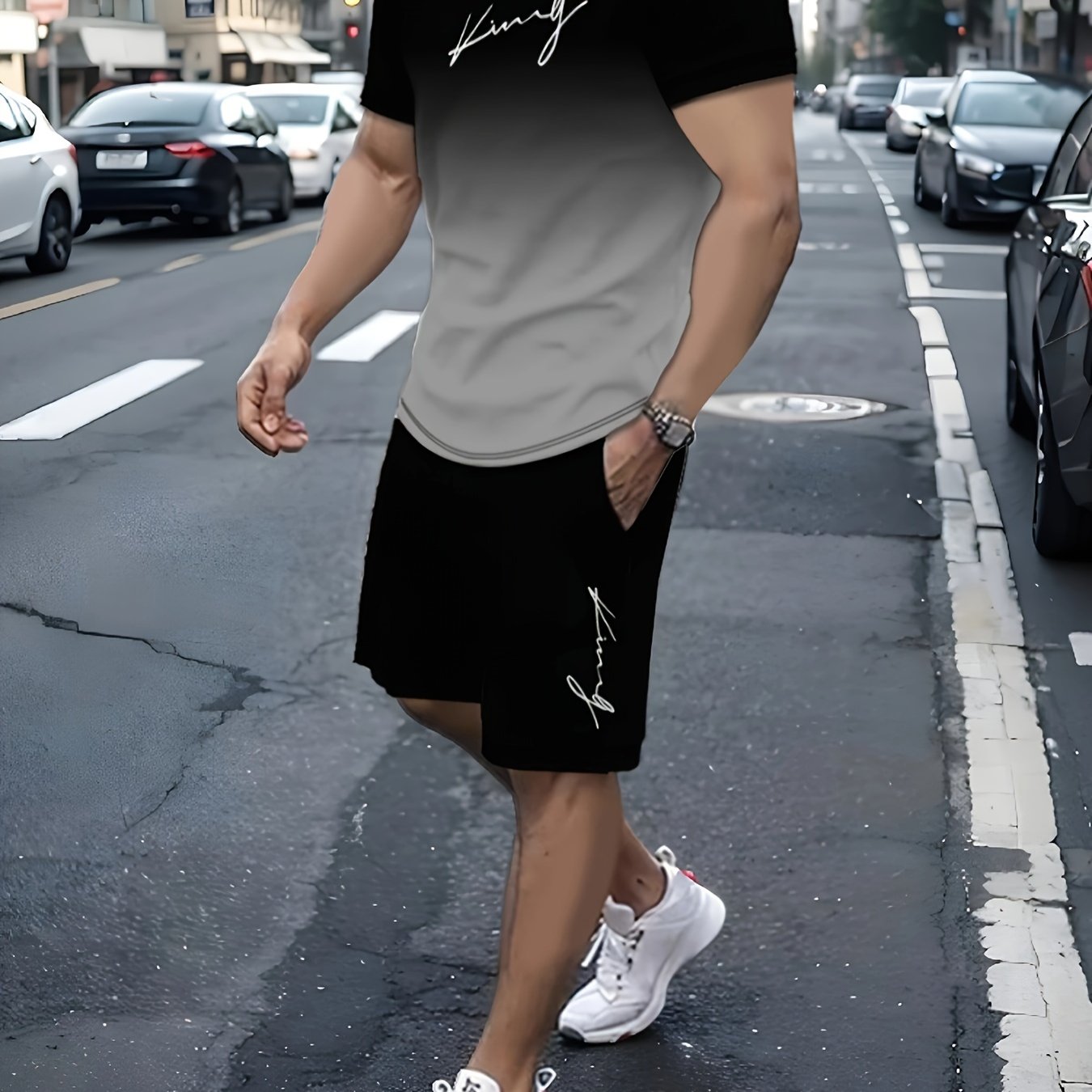 King Signature Erkaklar uchun Ikki Qismli Sport Kiyim: T-Shirt va Shortlar - Yozgi Kollektsiya - Yuqori Sifatli King Print - Erkaklar Casual Sport Kiyimlari - O'rta Sharq