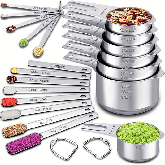 Set of 20 Kitchen Measuring Cups and Spoons - Includes 7 Stainless Steel Nesting Measuring Cups, 7 Spoons, 1 Leveler, 5 Mini Measuring Spoons for Cooking & Baking