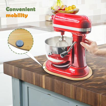 The Bamboo Mixer Moving Pad is designed to fit 5-8 Quart Stand Mixers, made from natural bamboo with no paint or smell. It is durable, resists mold and cracking, and easy to use. This countertop mixer storage and mobility accessory is a great addition to