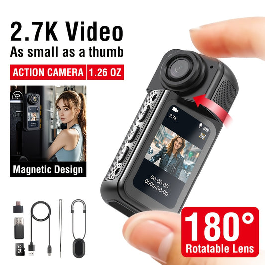 2K Thumb Action Camera, magnit lanyard bilan yengil POV kamera, IPS ekranli portativ tanish kamera, 180° aylanuvchi linza, vlog uchun 64G kartali kiyiladigan cho'ntak kamerasi.