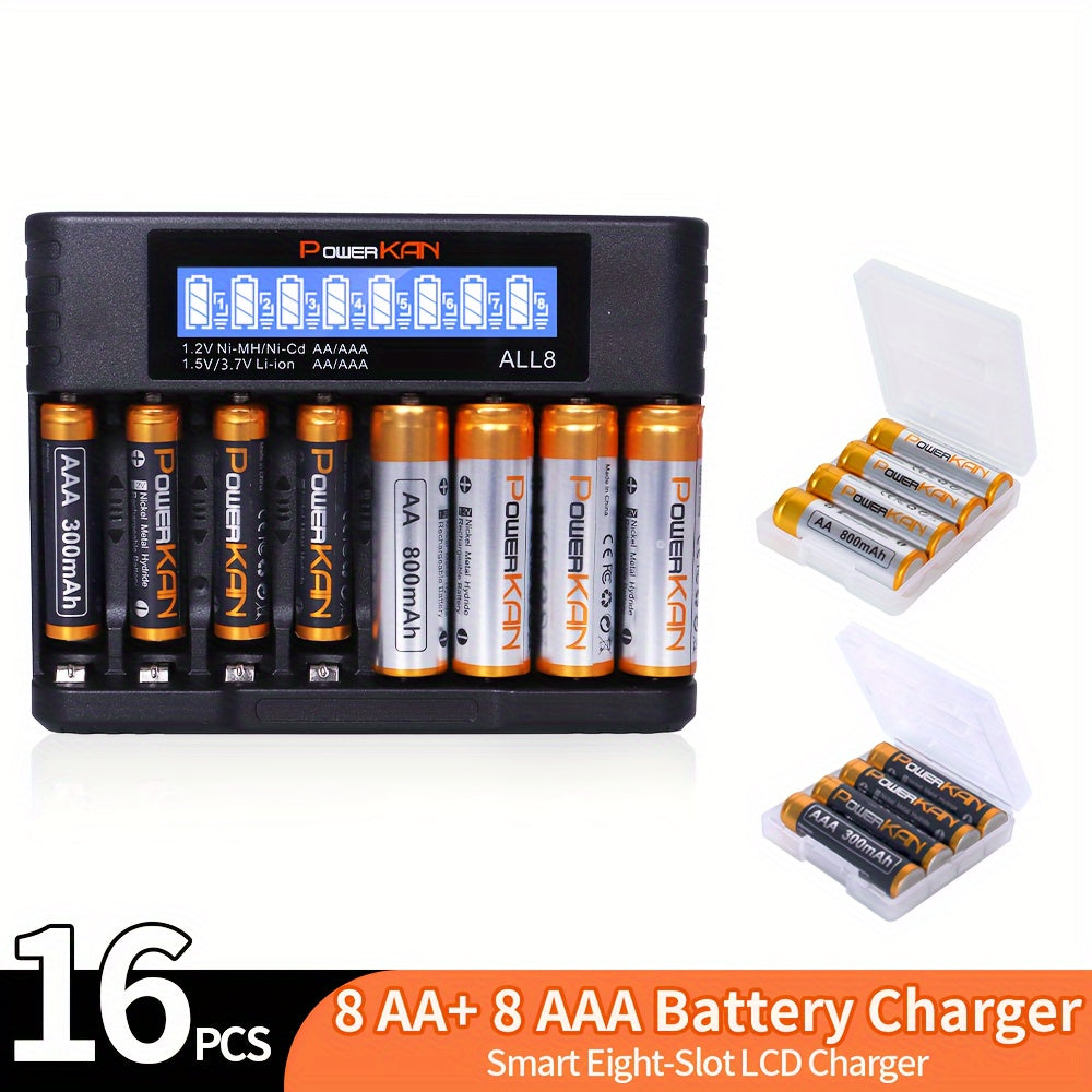 PowerKAN set includes high-quality 1.2V NiMH rechargeable AA & AAA batteries with ALL8 charger, suitable for rechargeable and discharge cycles. Pack includes 8x 800mAh AA and 8x 300mAh AAA