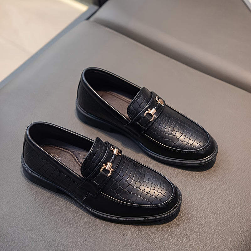 Vintage-inspired slip-on loafers with elegant British style, faux leather, breathable, suitable for business and casual wear. Features a pointed toe and TPR sole. Comes in black and brown