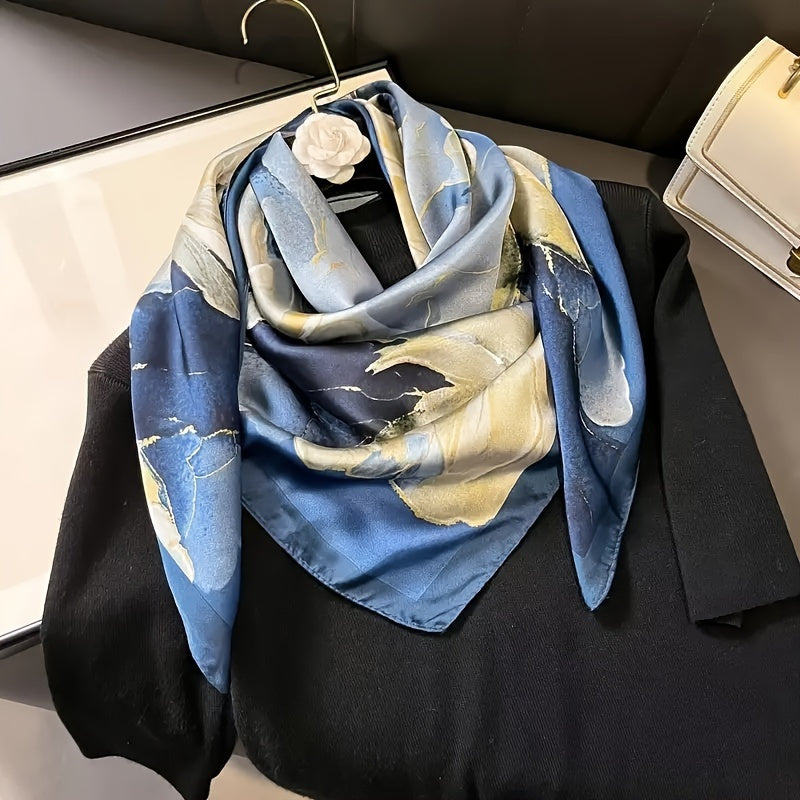 Blue floral print square scarf for women, lightweight summer sun protection and wind resistance head wrap in Bohemian style, measuring 89.99cm. Features elegant navy blue design with cream