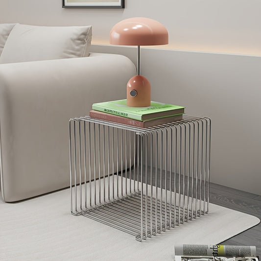 Geometric side table with a Scandinavian design influence, made of stainless steel. Features a square coffee and end table with a storage shelf, perfect for adding a stylish touch to your home decor.