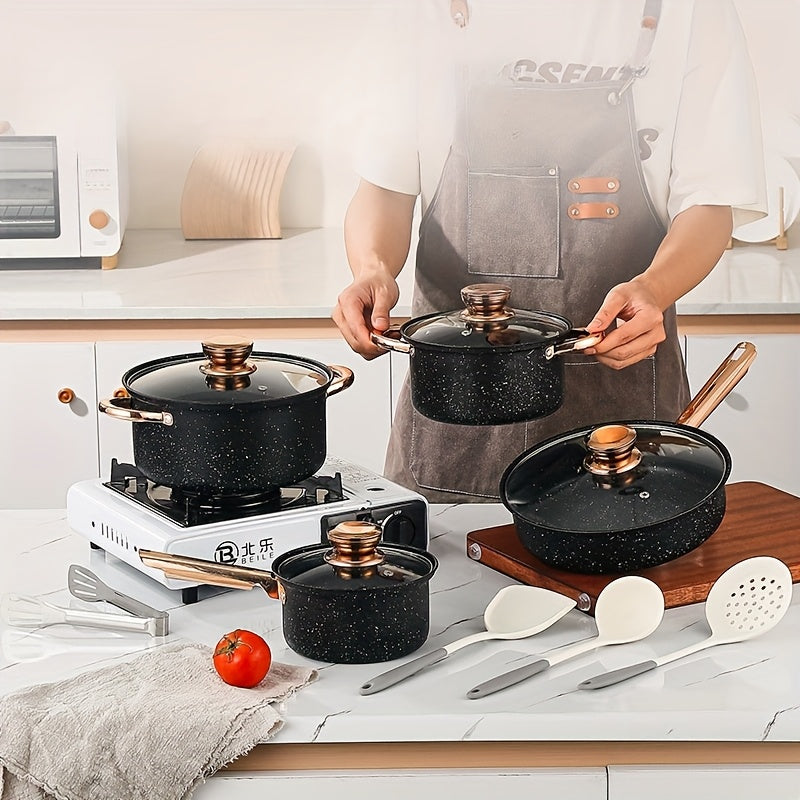 This stainless steel cookware set includes twelve pieces, featuring non-stick pots and utensils that are high temperature resistant and easy to clean. The high-end gold-plated handles add a touch of sophistication to the set. It comes with four pots