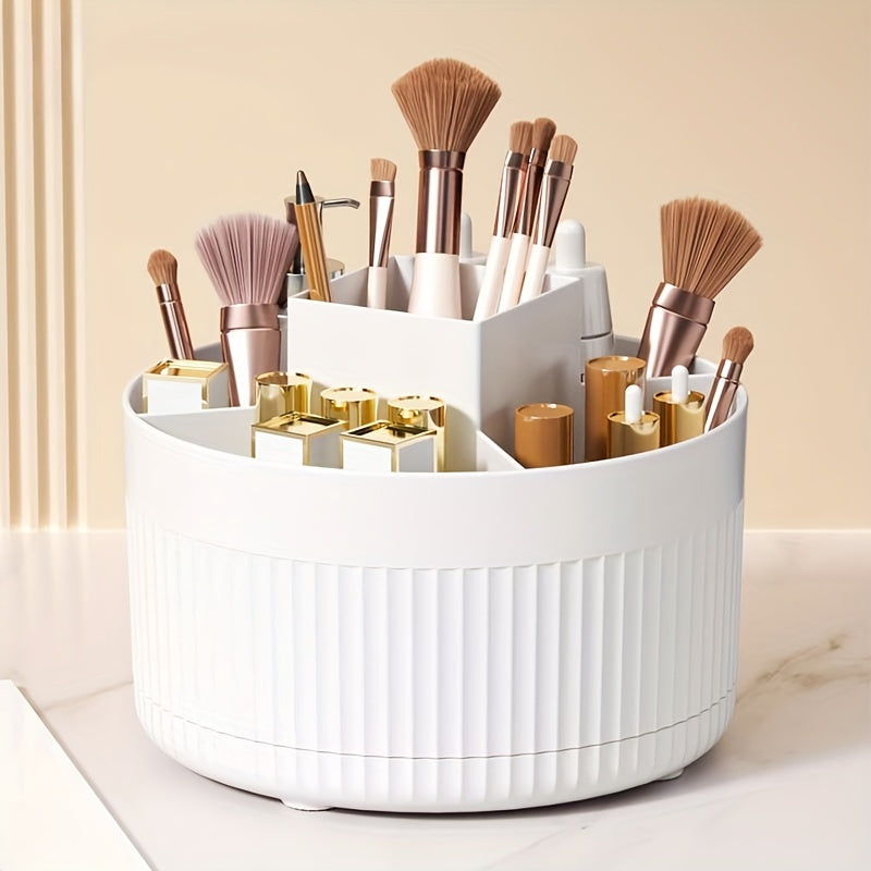 Rotating makeup organizer holds brushes and skincare, hand washable, white