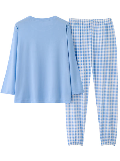 Women's plus size casual pajamas set with soft long sleeve tee and plaid pants for comfort loungewear.