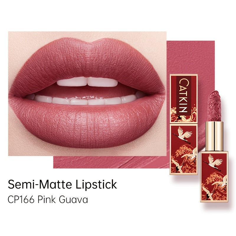 CATKIN Red Carving Matte Lipstick with Waterproof Long-Lasting Satin Finish for Smooth Red and Nude Lips.