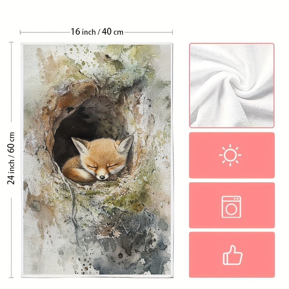 Two pieces of kitchen towels that are ultra soft and feature the soft, furry face of a baby fox exploring its den. These highly absorbent dish hand towels are perfect for holiday decor. They are machine washable and measure 16x24 inches. Item number