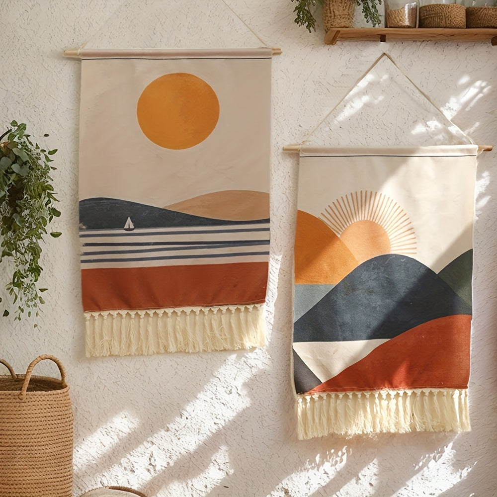 This linen wall tapestry features a fringe border and a bohemian sun and sailboat design, perfect for adding artistic flair to your living room or bedroom decor. Suitable for ages 14 and up.