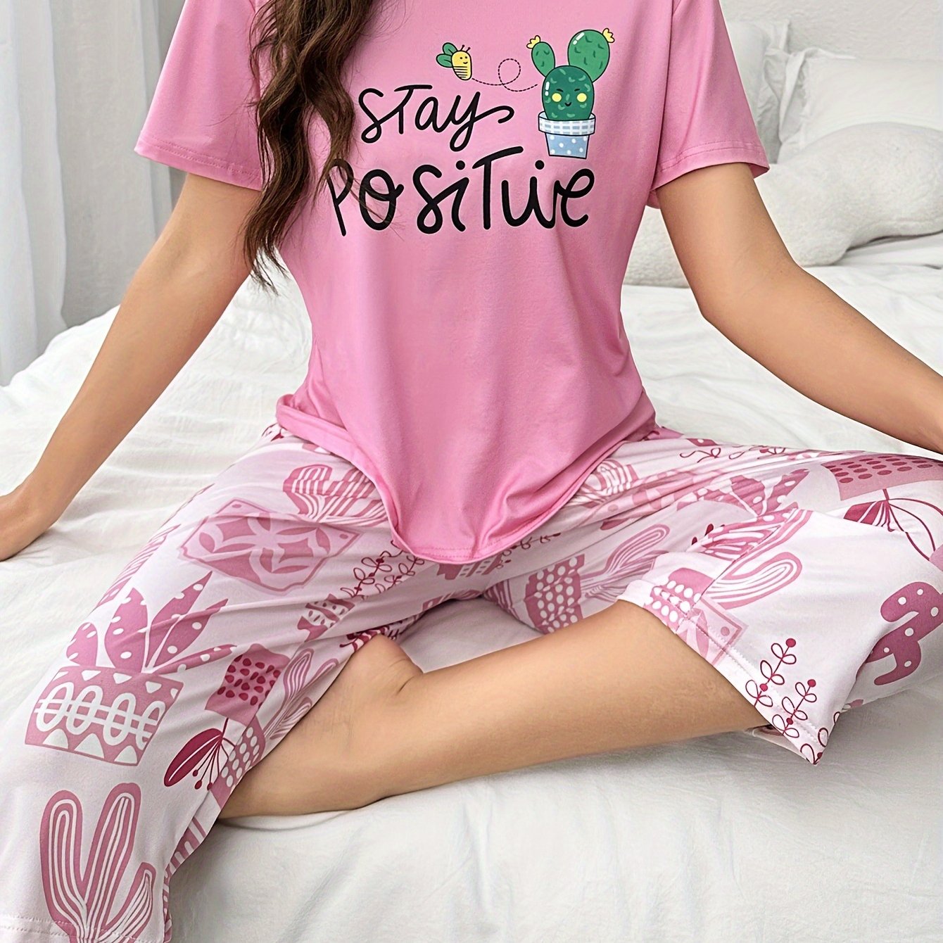 Lounge in style with women's soft tee and capri pajama set featuring slogan and cactus print.