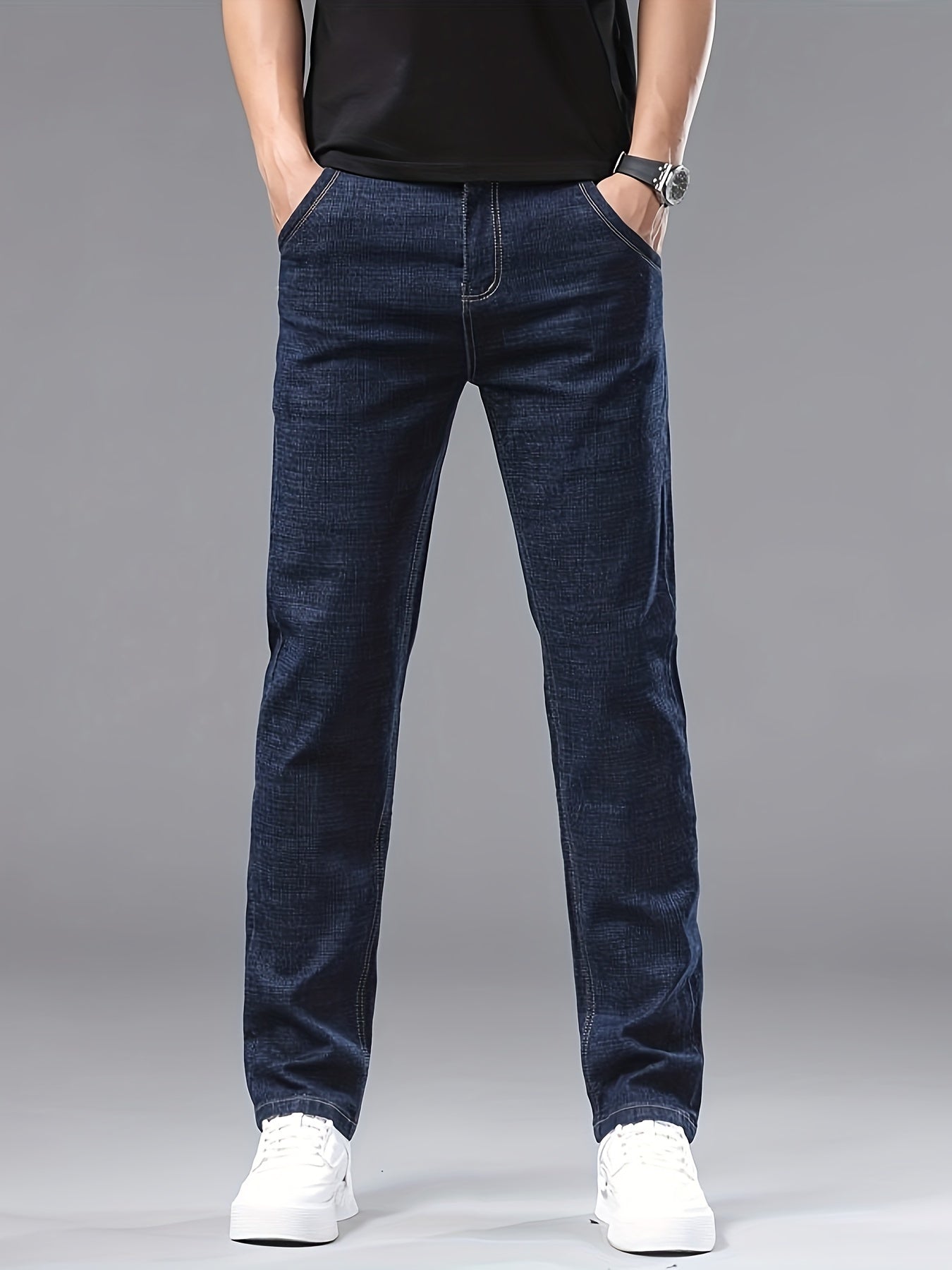 Black denim jeans with patch & embroidery, stretchy and slim-fit for all occasions.