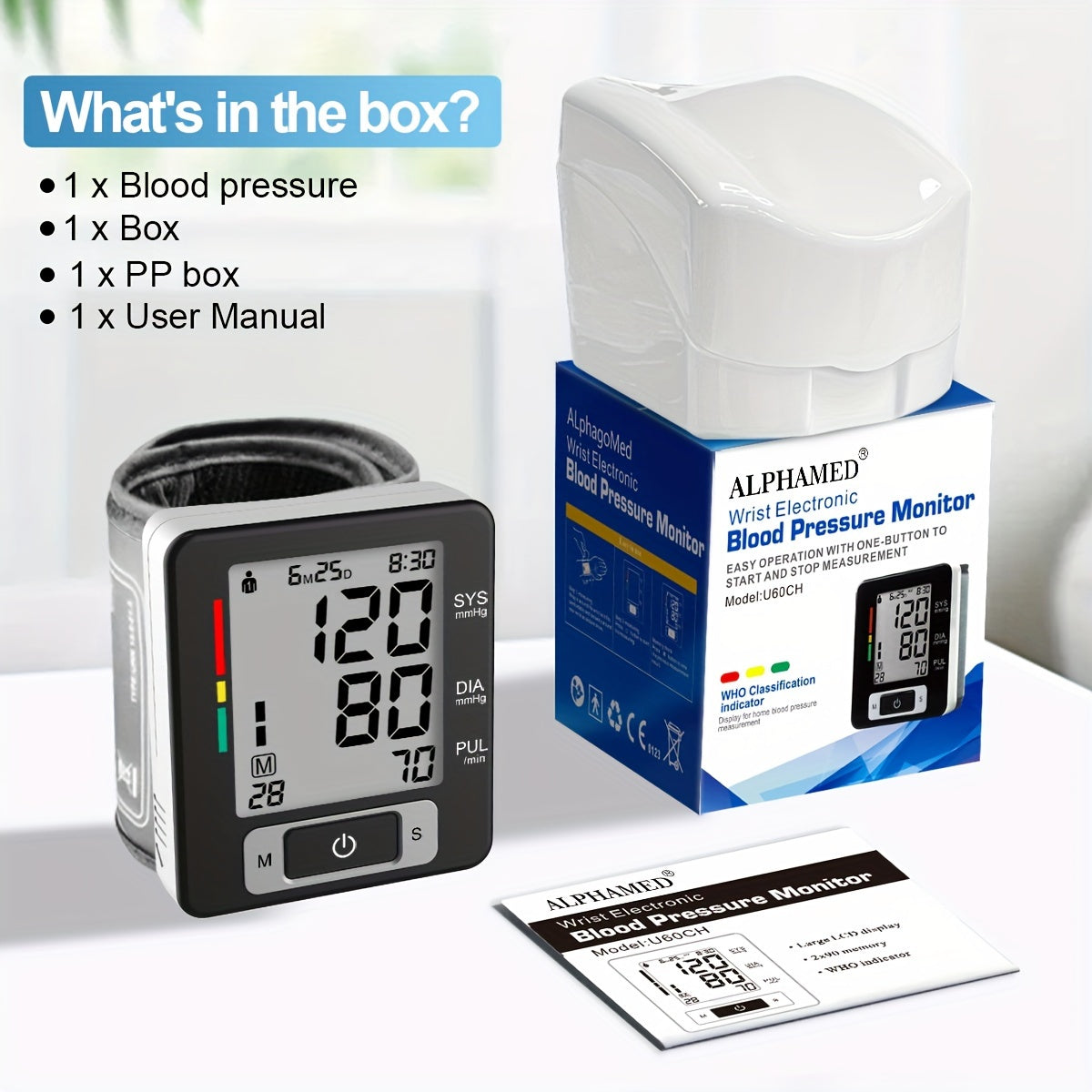 ALPHAMED U60CH Portable Digital Wrist Blood Pressure Monitor with Large LCD Display, Strap, PP Case, AAA Battery Operated, Sleek White Design, Adjustable Strap.