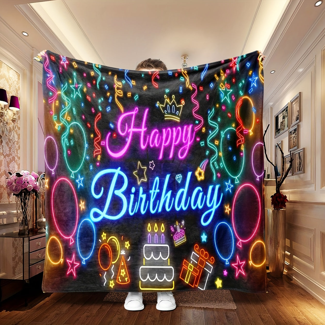 Flannel Throw Blanket for a Joyful Birthday - Featuring a Modern Design, Digital Knitted Print, Multi-functional Lightweight Throw for Couch, Bed, Work, Trips - Perfect All-Season Present, Made with 100% Polyester for Warmth and Comfort.