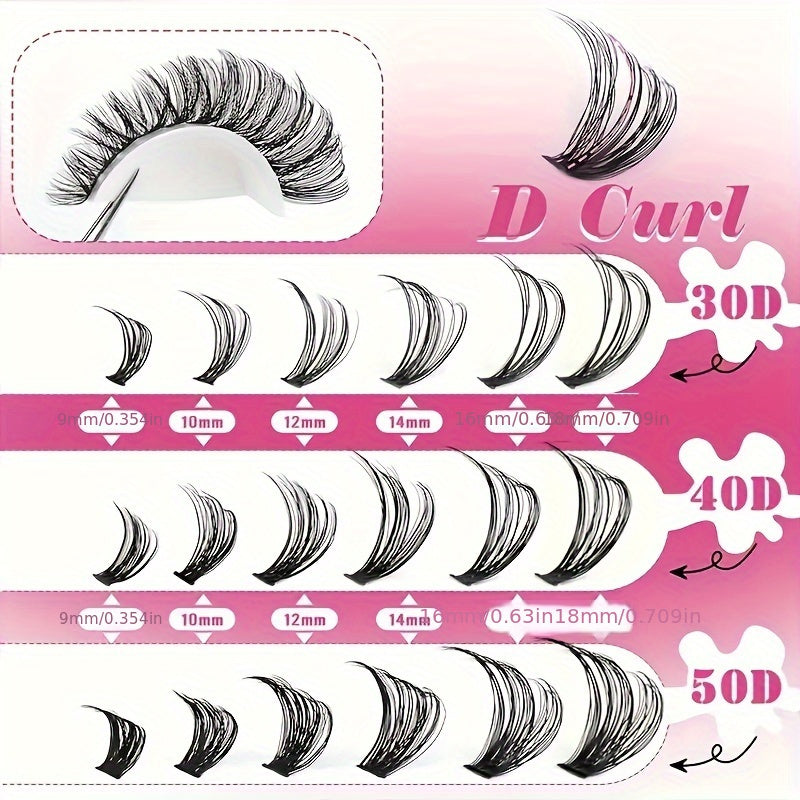 DIY eyelash cluster set with 800/200pcs of 30D-60D single eyelashes in mixed 9-16mm lengths for a super thick, D curl effect at home, creating a light cartoon eyelash look.