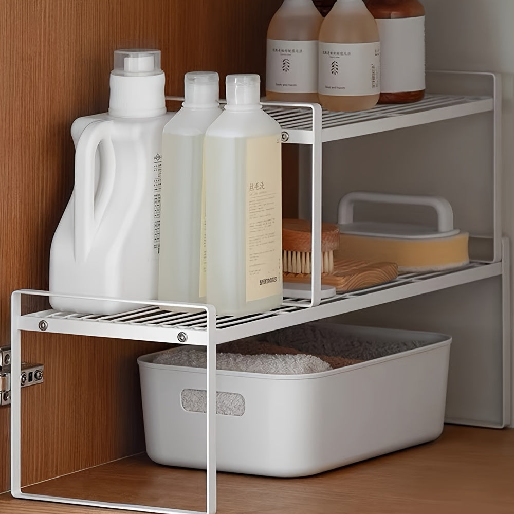 Modern Metal Kitchen Storage Rack, Double-Tier Shelf Organizer for Cabinets & Counters, Multifunctional Open-Storage Island for Spices, Utensils, Microwave - Can be Used Without Electricity, Made Without Wood Materials