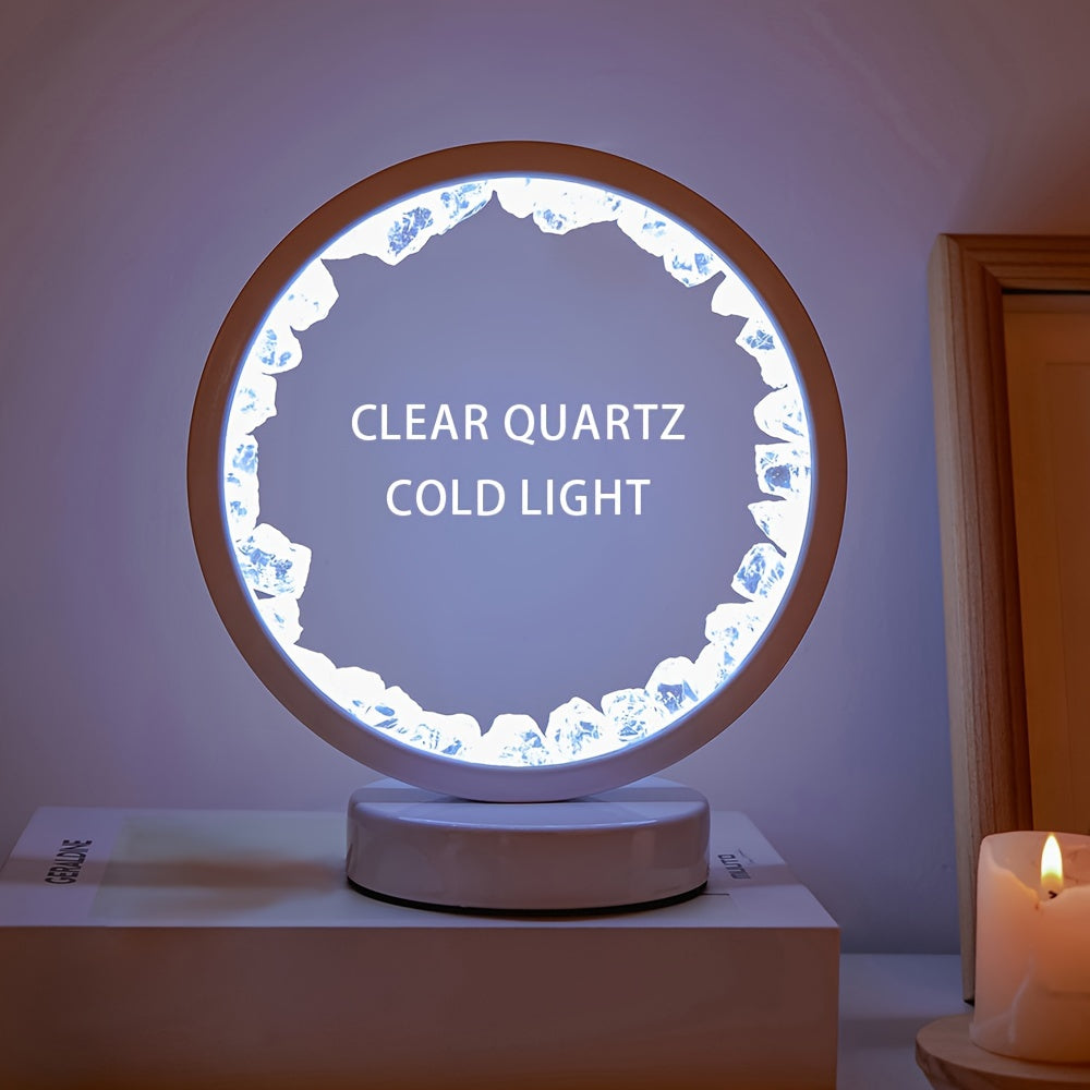 Rechargeable LED lamp with natural quartz amethyst cluster emits soothing light for bedroom and desk decor.