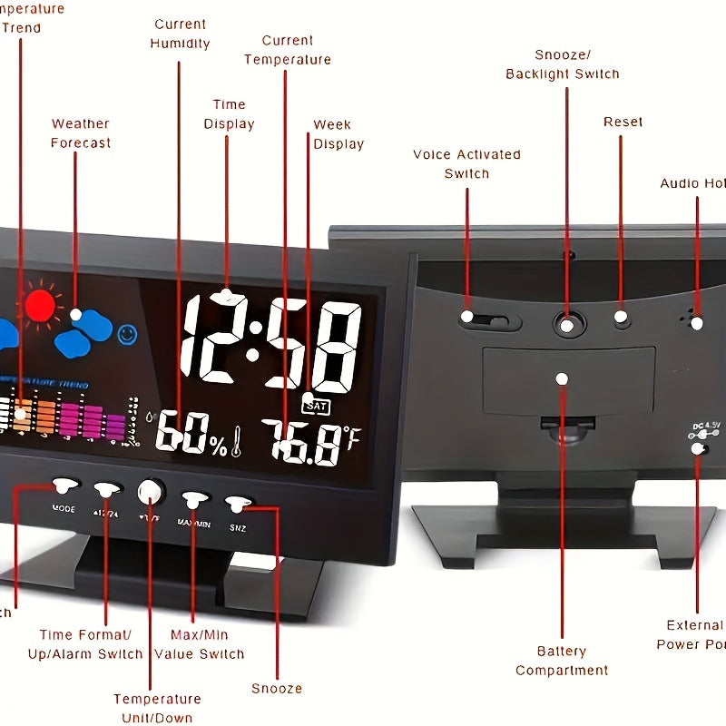 Smart Weather Clock with Thermometer, Hygrometer, and Color Display for Indoor Temperature and Humidity, Convenient Voice Control for Home Utility.