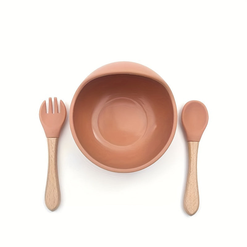 Set of 3 Food Grade Silicone Suction Bowls with Wooden Handle Spoon and Fork - Portable and Non-slip Tableware, Perfect for Halloween and Thanksgiving Day Gifts.