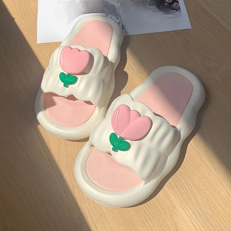 Women's cute tulip flower slides in sweet pink & white with non-slip thick sole. Hand washable PVC slippers with adorable petal design. All-season comfort shoes. Durable and slip-resistant