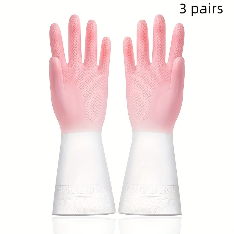 3 sets of pink silicone cleaning gloves - Waterproof, non-slip grip for kitchen, bathroom, laundry | Strong rubber dishwashing & household gloves, made with alcohol-free material.