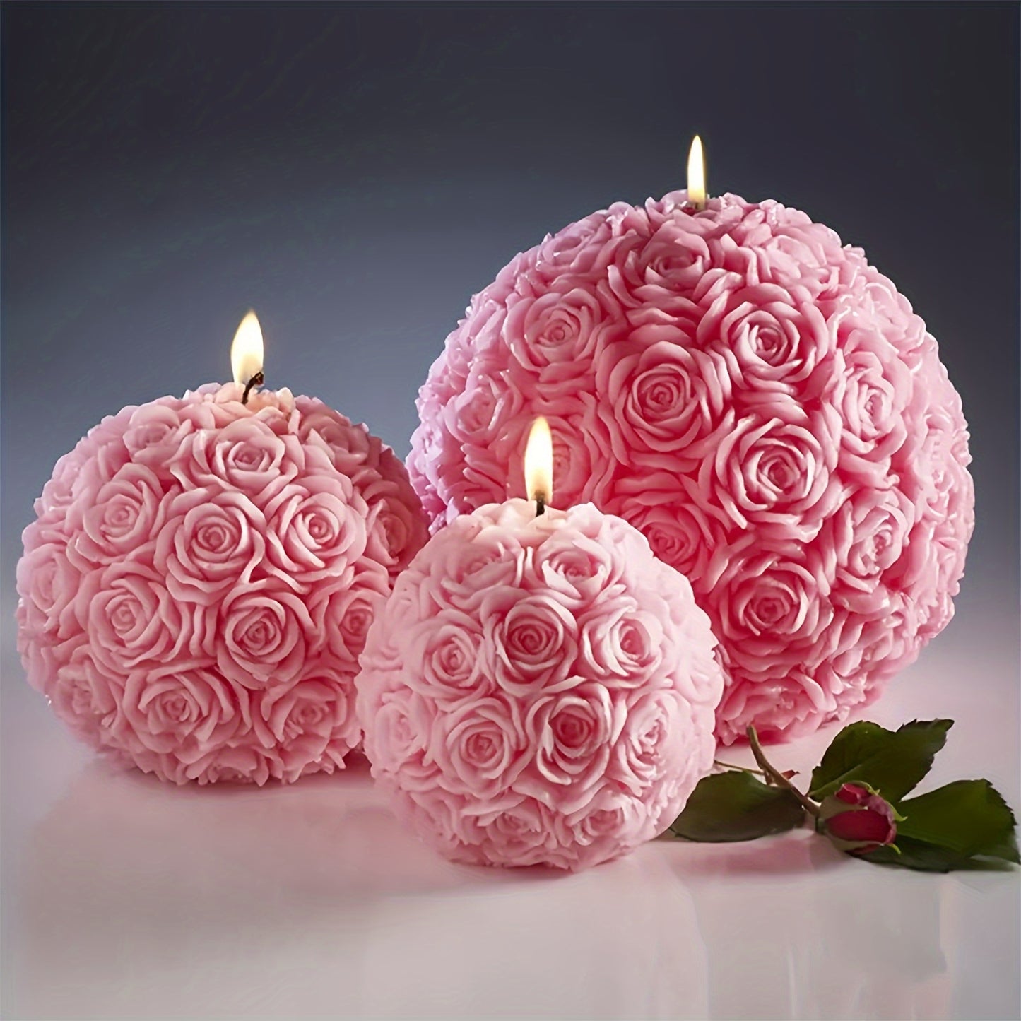 1 piece 3D round rose ball silicone mold for candle making and DIY home decoration featuring flower cluster design.