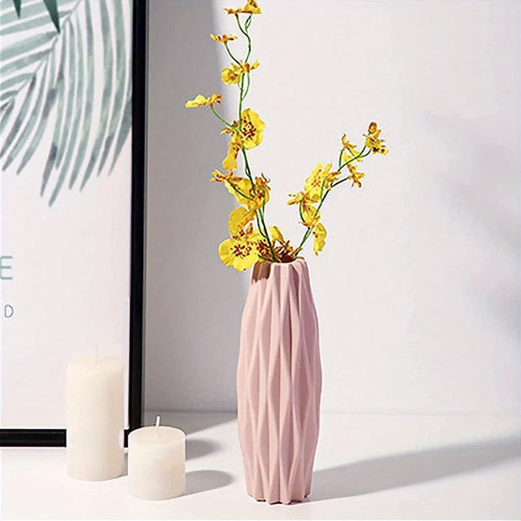 Unbreakable white plastic vase with ceramic appearance for indoor living room decoration.