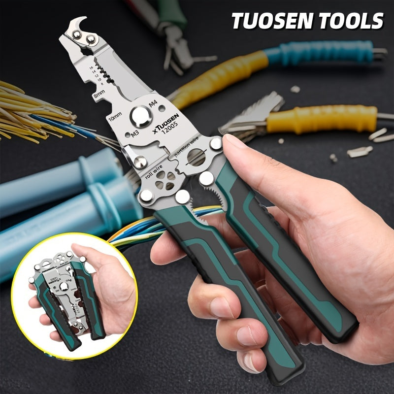 Electrician's multitool kit with 18 functions: foldable wire stripper, cutter, screwdriver, wrench. Made of Chrome Vanadium Steel for DIY, home, and construction projects.