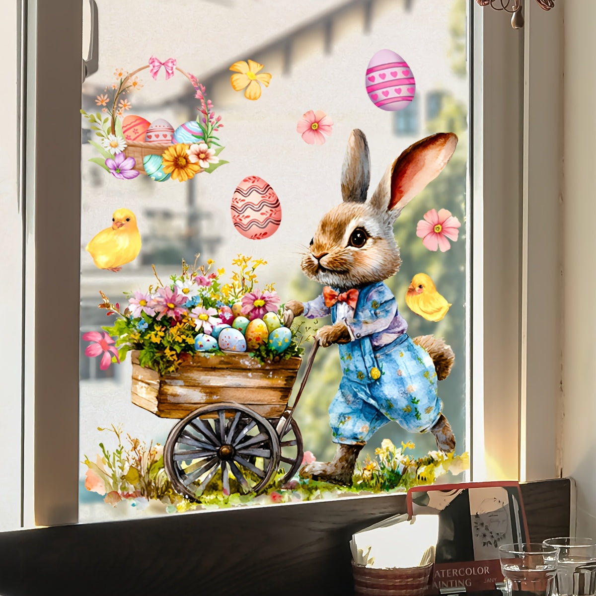 Window cling decal featuring an Easter Bunny and Chick in a basket - 30.48cm x 30.48cm size made of ultra-thin PVC. Self-adhesive with a festive floral egg design, perfect for decorating bedrooms and balconies.