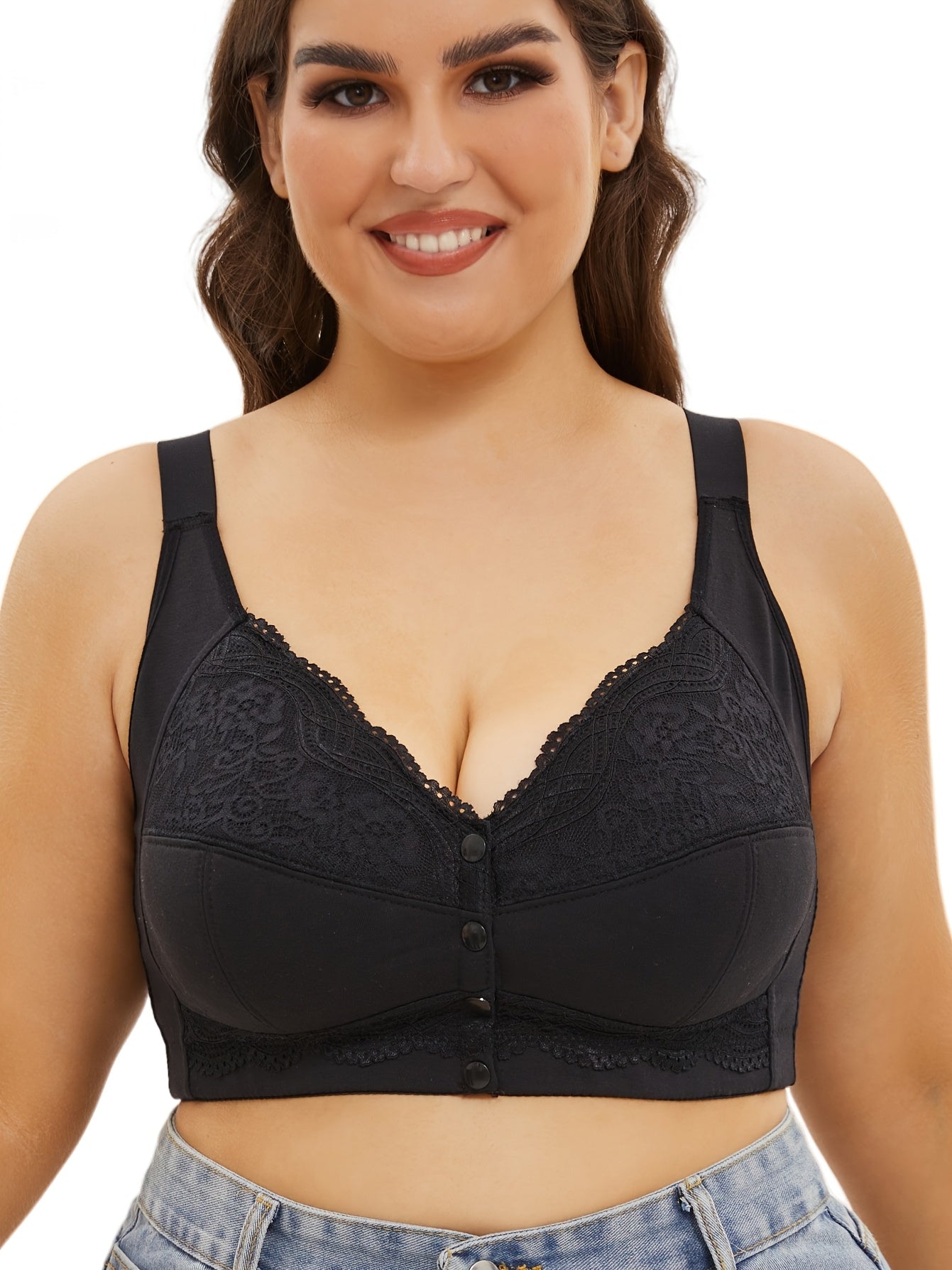 Women's lace front closure underwear with adjustable straps, no steel ring, and comfortable bra for plus sizes